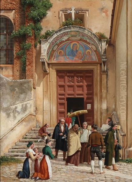 A Roman Convent (the Entrance Gate To Araceli), The Monks Are Fetched For A Sick Person Oil Painting by Christoffer Wilhelm Eckersberg