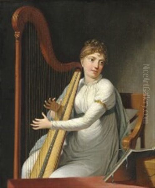 Young Woman Playing The Harp Oil Painting by Christoffer Wilhelm Eckersberg