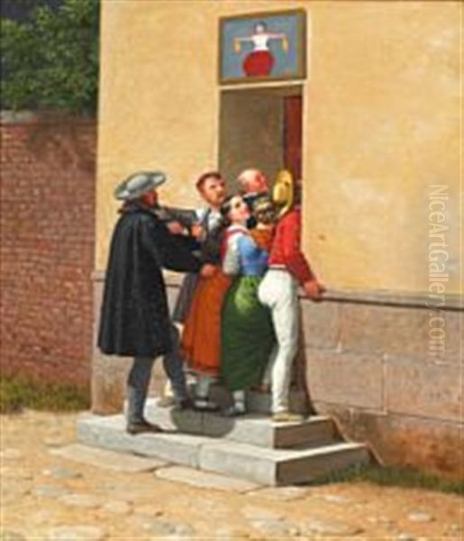 A Crowded Doorway Oil Painting by Christoffer Wilhelm Eckersberg