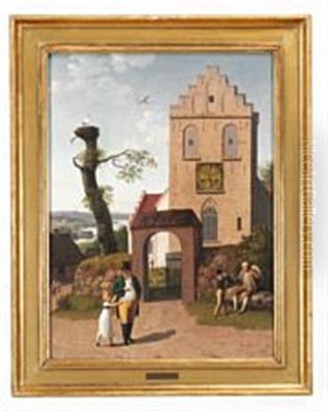 Landscape With A Church With A Real Clock Inserted In The Tower Oil Painting by Christoffer Wilhelm Eckersberg