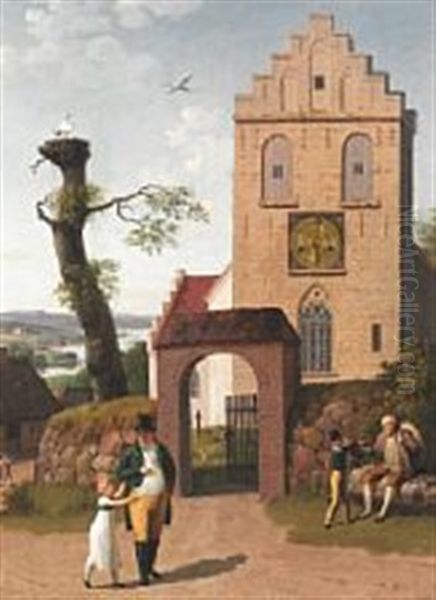 Landscape With A Church With A Real Clock Inserted In The Tower Oil Painting by Christoffer Wilhelm Eckersberg