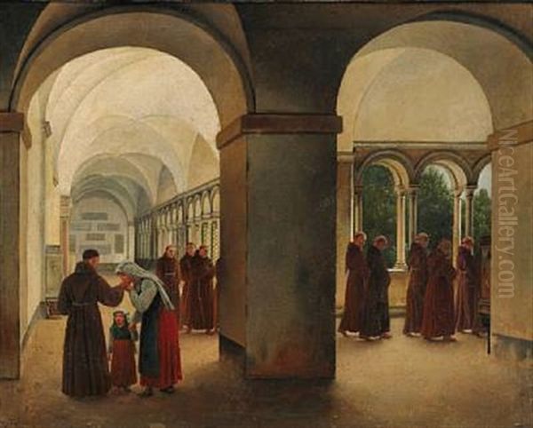 Procession Of Monks In A Cloister, Presumably From The Monastery Of The Basilica Of San Paolo Fuori Le Mura In Rome. In The Foreground A Young Italian Woman Kissing The Hand Of Her Confessor Oil Painting by Christoffer Wilhelm Eckersberg