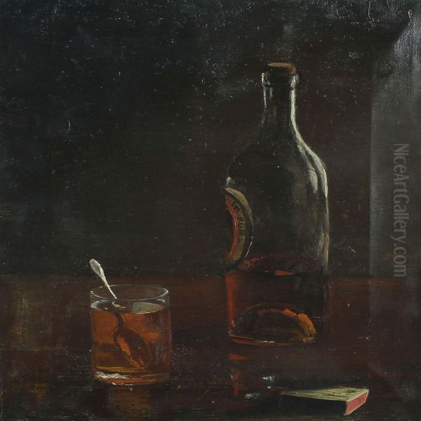 Still Life With Bottle, Glass, Cigar And Matches Oil Painting by C. Arrhenius