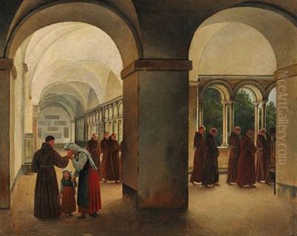 Procession Of Monks In A Cloister, Presumably From The Monastery Of The Basilica Of San Paolo Fuori Le Mura In Rome. In The Foreground A Young Italian Woman Kissing The Hand Of Her Confessor Oil Painting by Christoffer Wilhelm Eckersberg