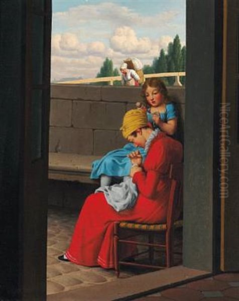 Mother Sewing And Her Little Girl With A Doll In The Doorway Near A Bridge, Paris Oil Painting by Christoffer Wilhelm Eckersberg