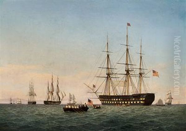 Seascape With An American Ship Of The Line Oil Painting by Christoffer Wilhelm Eckersberg