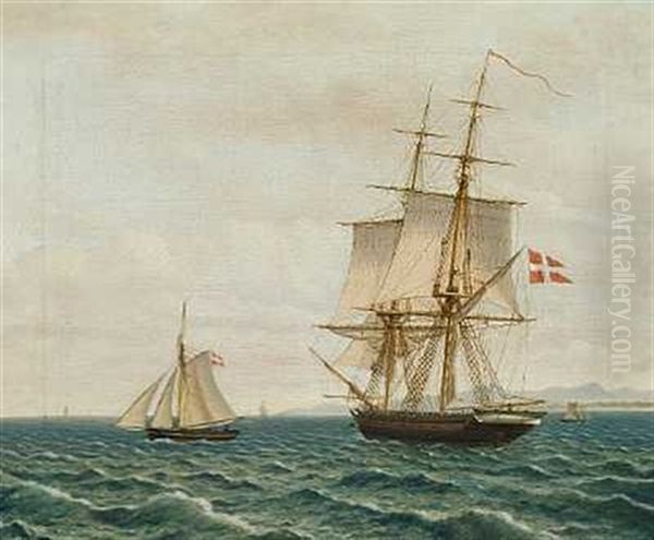 En Lodsbad, En Brig Og En Jagt Ud For Kysten Oil Painting by Christoffer Wilhelm Eckersberg