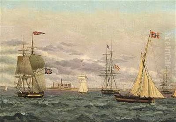 Skibe Paa Helsingors Rhed. En Dansk Og En Engelsk Brig Med Flere Skibe Udfor Kronborg Oil Painting by Christoffer Wilhelm Eckersberg