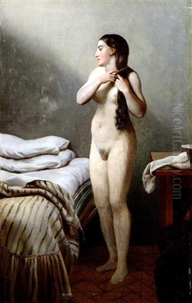 En Qvindelig Figur, Som Staar Ved En Seng, Reder Sit Haar Oil Painting by Christoffer Wilhelm Eckersberg