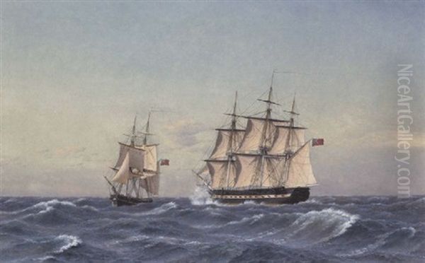 Marine Med To Sejlskibe Oil Painting by Christoffer Wilhelm Eckersberg