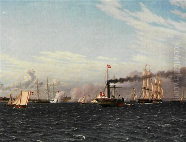 Hans Majestaet Kongen Med Folge Pa Sit Dampskib Aegir Paa Helsingors Rhed D. 2 Maj 1843 Oil Painting by Christoffer Wilhelm Eckersberg