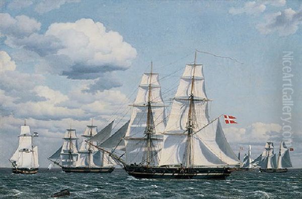 Adskillige Kobmandsskibe Som Krydser Med Alle Sejl, Fortil En Dansk Orlogsbrig Oil Painting by Christoffer Wilhelm Eckersberg