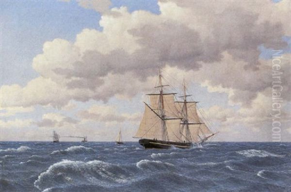 En Brig Sejl I Godt Vejr, Et Par Andre Skibe Sees Laengere Borte Oil Painting by Christoffer Wilhelm Eckersberg