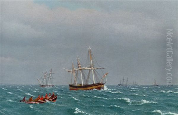 Marine Med Fragtskib Ob Robad Med Syv Mand, I Baggrunden Mange Mindre Skibe Oil Painting by Christoffer Wilhelm Eckersberg