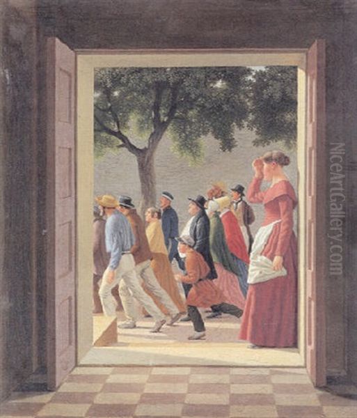 Udsigt Gjennem En Dor Til Lobende Figurer Oil Painting by Christoffer Wilhelm Eckersberg