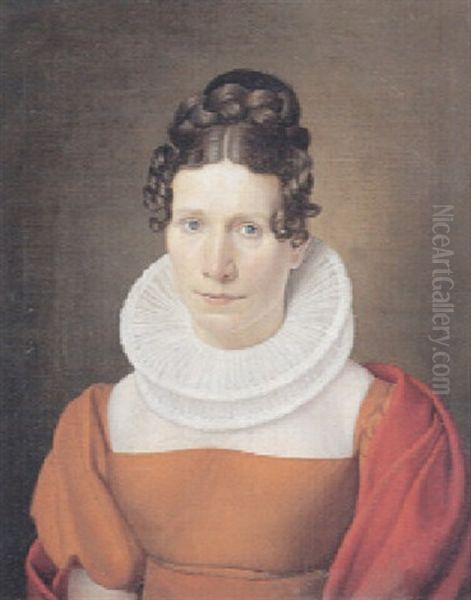 Portraet Af En Dame Med Krollet Opsat Har, I Rod Kjole Med Hvid Stivet Og Plisseret Krave Oil Painting by Christoffer Wilhelm Eckersberg