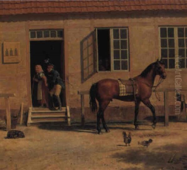 En Rytter, Hvis Hest Er Bunden Uden For En Kro, G+r Kur Til En Ung Pige Oil Painting by Christoffer Wilhelm Eckersberg