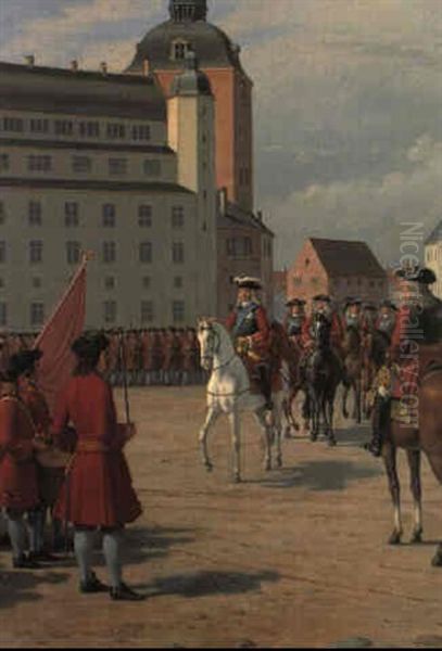 Kong Frederik Iv Kommer For... En Afdeeling Af Den Nyoprettede Landmilits Oil Painting by Christoffer Wilhelm Eckersberg