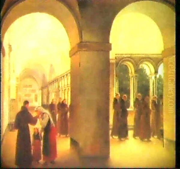 Procession Af Munke I En Buegang I San Lorenzo Fuori Le Muraved Rom, I Forgrunden En Ung Italienerinde Der Kysser Sin... Oil Painting by Christoffer Wilhelm Eckersberg