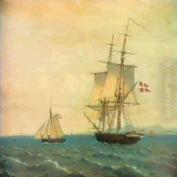 Marine Med Sejlskibe Udfor Kyst Oil Painting by Christoffer Wilhelm Eckersberg