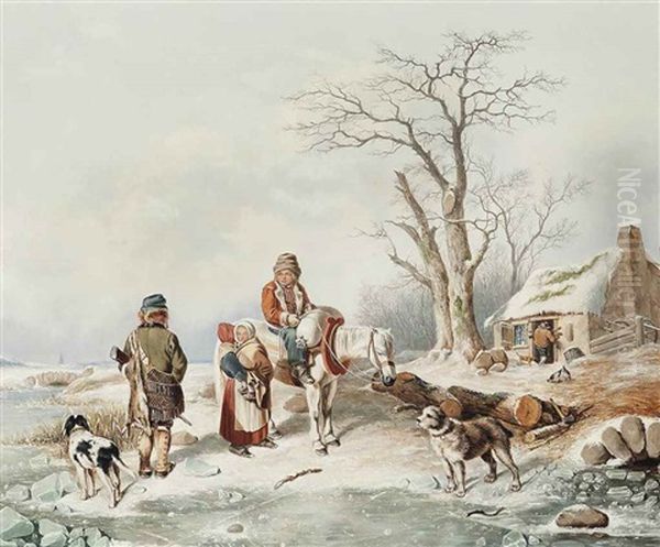 Trappers And Their Dogs Oil Painting by Erling Carl Wilhelm Eckersberg