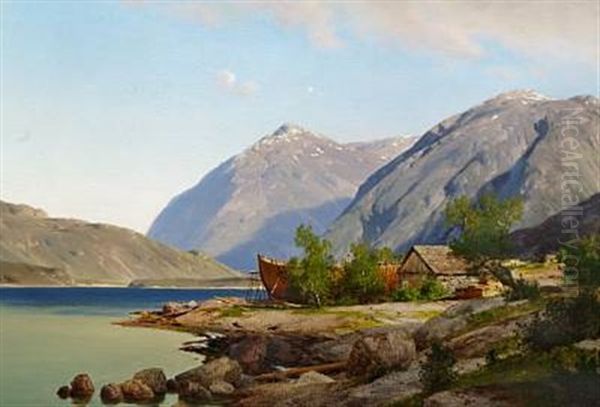 View Of A Norwegian Fiord With A Small Boatyard Oil Painting by Johan Fredrik Eckersberg