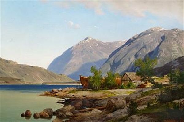 View Of A Norwegian Fjord With A Small Boatyard Oil Painting by Johan Fredrik Eckersberg