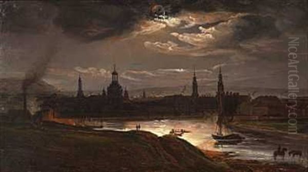 Dresden I Maneskinn Oil Painting by Johan Fredrik Eckersberg