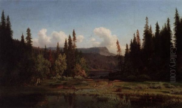 Fugler Ved Skogsvann Oil Painting by Johan Fredrik Eckersberg