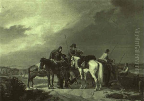 Soldaten Und Bauern Mit Pferden Am Flusufer Oil Painting by Henri-Ambros Eckert