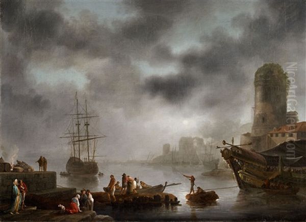 View Of A Harbour By Moonlight Oil Painting by Georg Ludwig Eckhardt