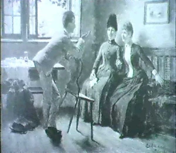 Der Student Im Gesprach Mit Zwei Jungen Damen In Der Stube Oil Painting by Otto Eckmann