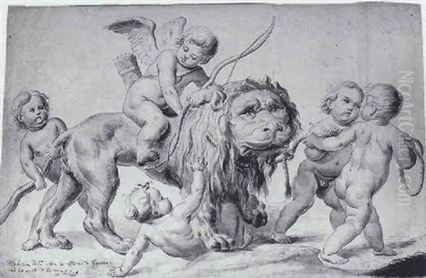 Putto Riding A Lion, Being Pulled By Other Putti Oil Painting by Johannes I (John) Eckstein