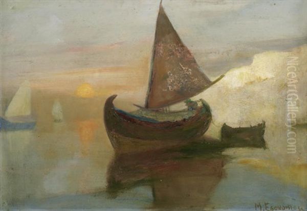 Fishing Boats At Sunset Oil Painting by Mihalis Economou