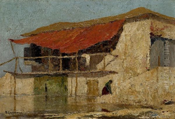 House With Red Tent And Woman By The Sea Oil Painting by Mihalis Economou