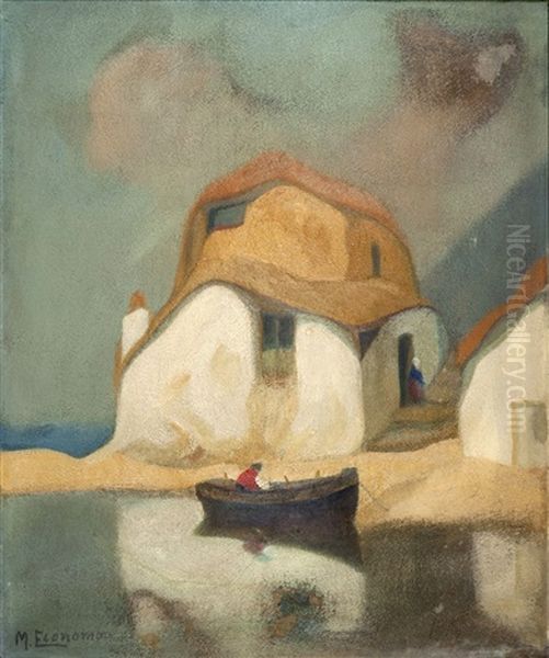 Houses With Boat Oil Painting by Mihalis Economou