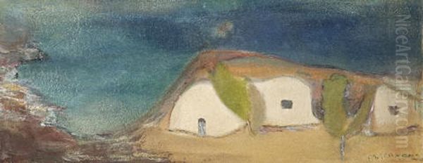 Houses By The Beach Oil Painting by Mihalis Economou