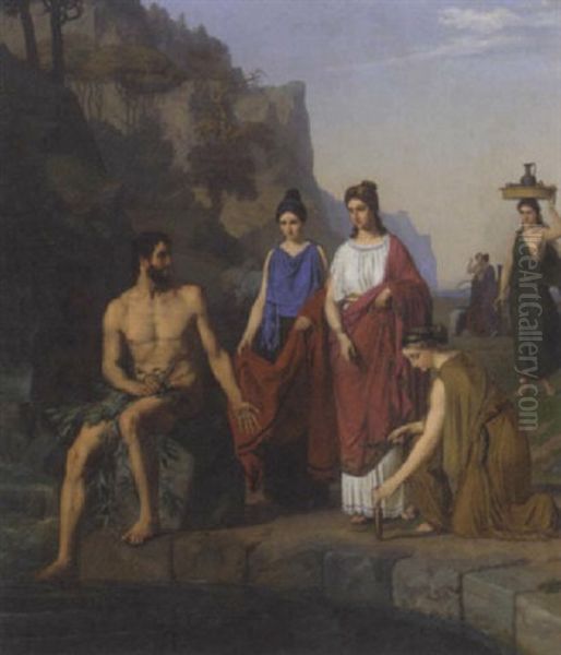 Nausikaa And Her Maids Bringing Clothes To Odysseus Oil Painting by M. Heinrich Eddelein