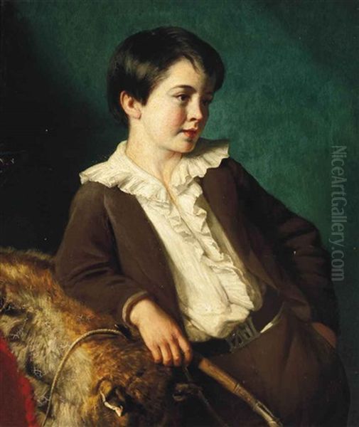 Portrait Of Master John Lethbridge Of Tregeare Manor, Launceston, Devon, Three-quarter-length, In A Brown Suit Holding A Whip, Leaning On An Animal Pelt Oil Painting by Eden Upton Eddis