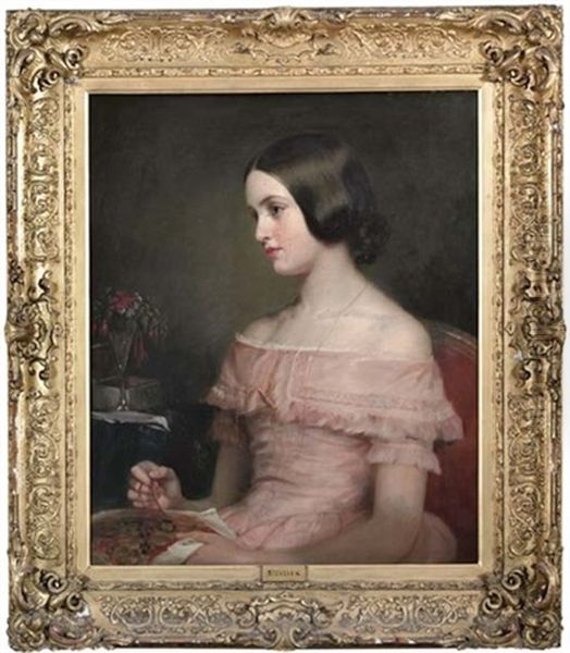 Portrait Of Lady Elizabeth Scott, In A Pink Dress, Holding A Tapestry Oil Painting by Eden Upton Eddis