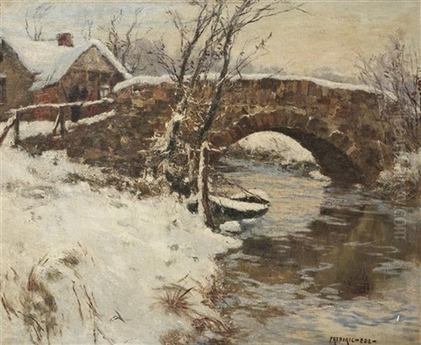 Paysage Au Pont Sous La Neige Oil Painting by Frederic Ede