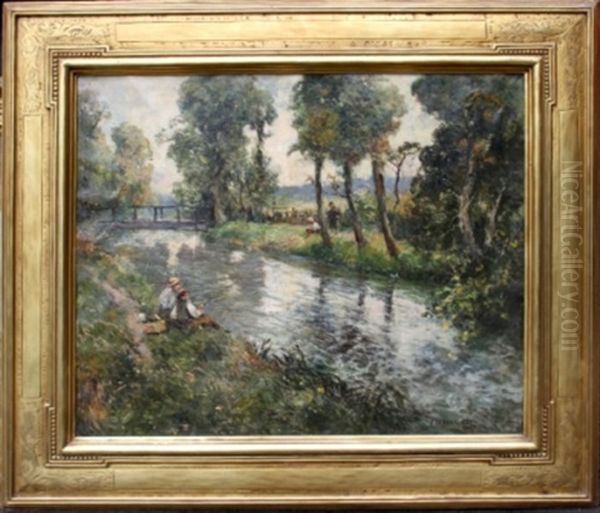 Figures Fishing Along River With Bridge Oil Painting by Frederic Ede