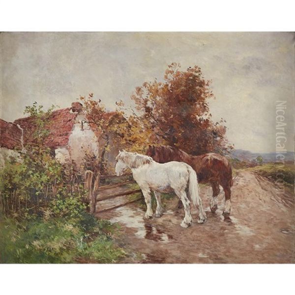 Chevaux A La Barriere Oil Painting by Frederick Charles Vipont Ede