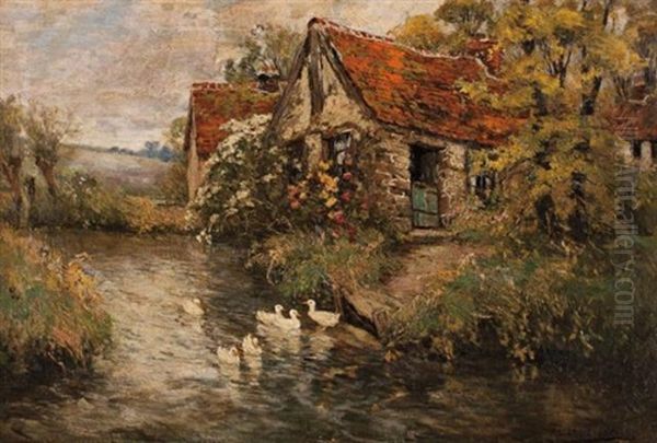 Ducks On A Cottage Stream Oil Painting by Frederick Charles Vipont Ede