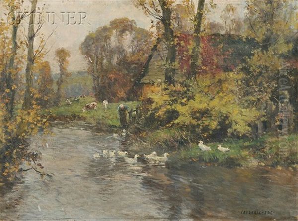 Figure With Geese And Cows Along A Riverbank by Frederick Charles Vipont Ede