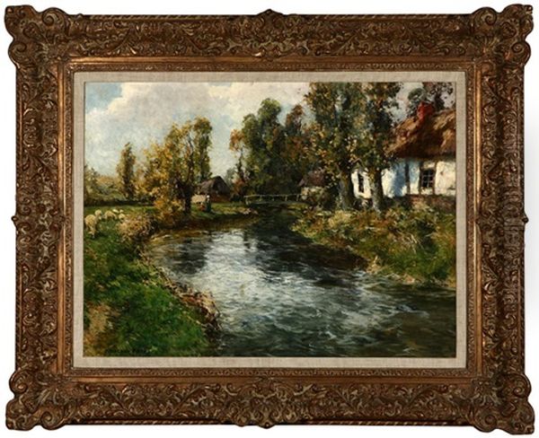 European Cottages Along A Stream Oil Painting by Frederick Charles Vipont Ede