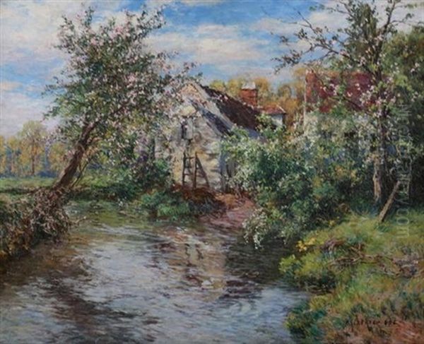 Ede_spring Apple Blossoms Along Stream With House Oil Painting by Frederick Charles Vipont Ede