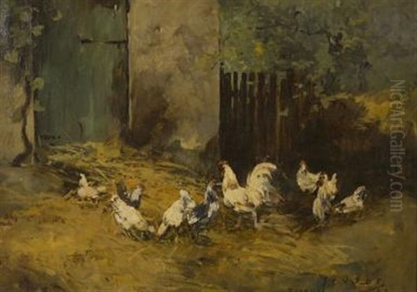 Farmyard With Chickens Oil Painting by Frederick Charles Vipont Ede