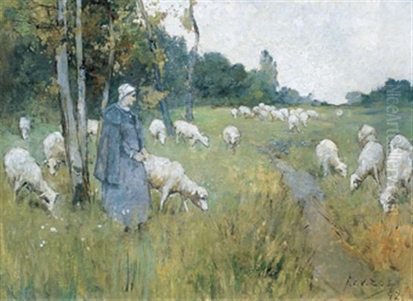 The Shepherdess And Her Flock Oil Painting by Frederick Charles Vipont Ede