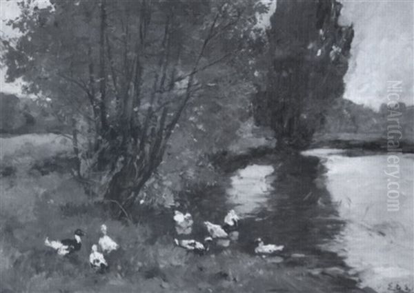 Ducks By A Stream Oil Painting by Frederick Charles Vipont Ede